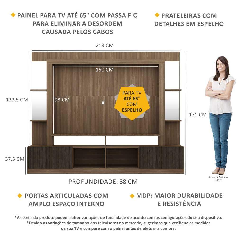 Rack c/ Painel TV 65" Prateleiras c/ Espelho Oslo Multimóveis Madeirado/Tenerife