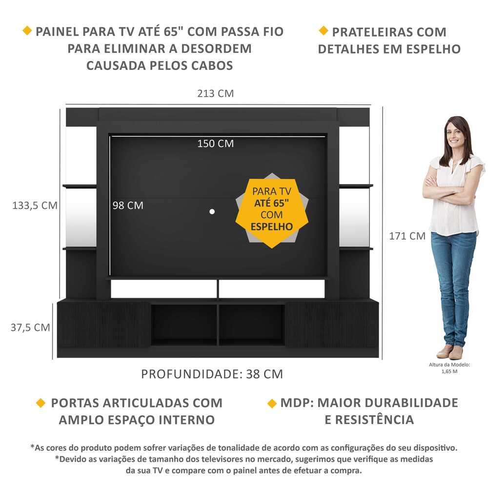 Rack c/ Painel TV 65" Prateleiras c/ Espelho Oslo Multimóveis Preto