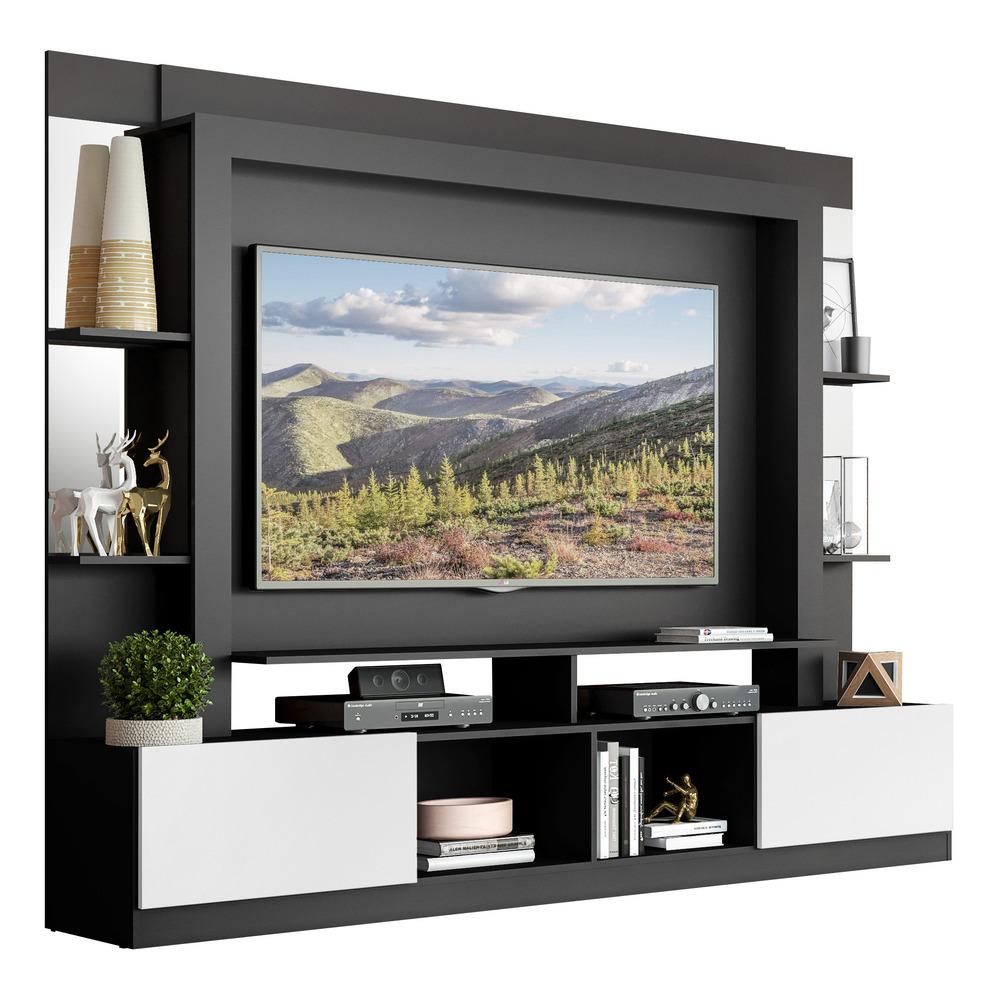 Rack c/ Painel TV 65" Prateleiras c/ Espelho Oslo Multimóveis Preto/Branco