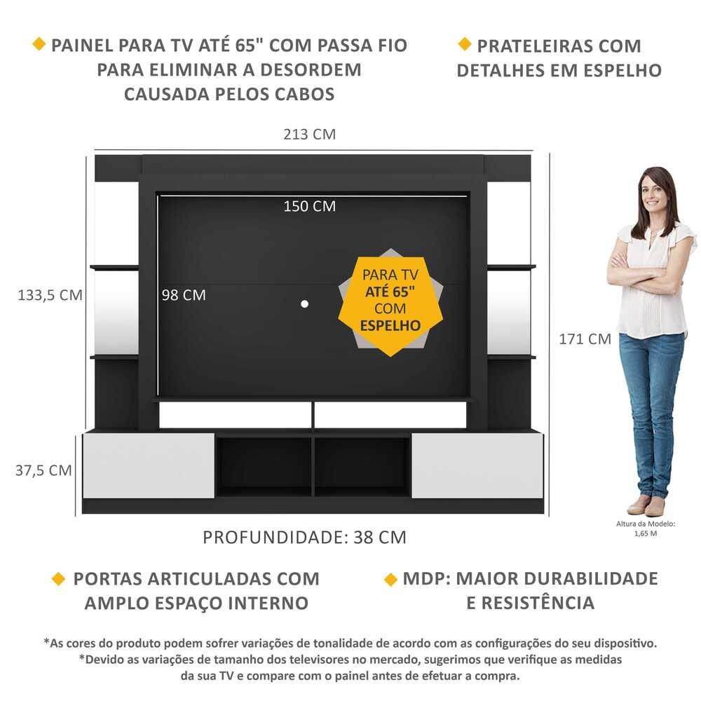 Rack c/ Painel TV 65" Prateleiras c/ Espelho Oslo Multimóveis Preto/Branco