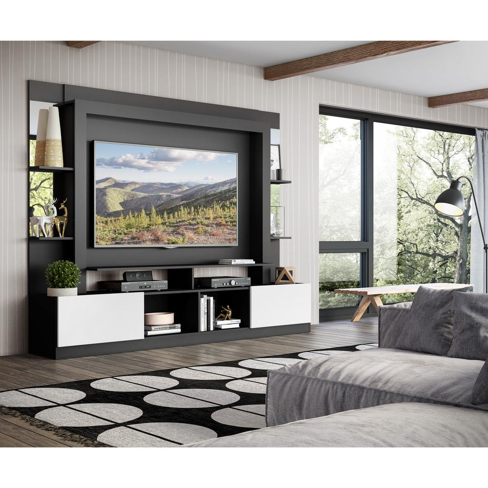 Rack c/ Painel TV 65" Prateleiras c/ Espelho Oslo Multimóveis Preto/Branco