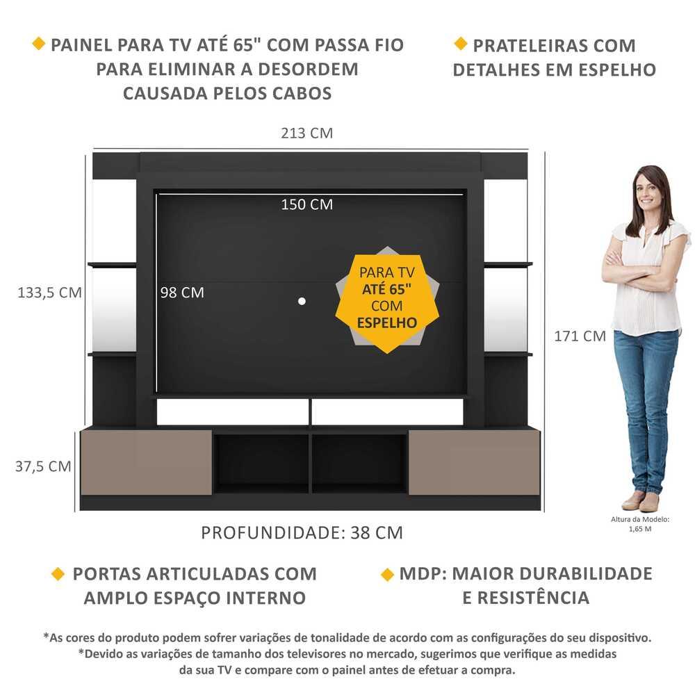 Rack c/ Painel TV 65" Prateleiras c/ Espelho Oslo Multimóveis Preto/Lacca Fumê