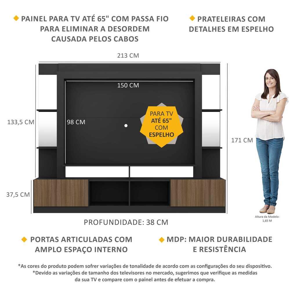 Rack c/ Painel TV 65" Prateleiras c/ Espelho Oslo Multimóveis Preto/Madeirado