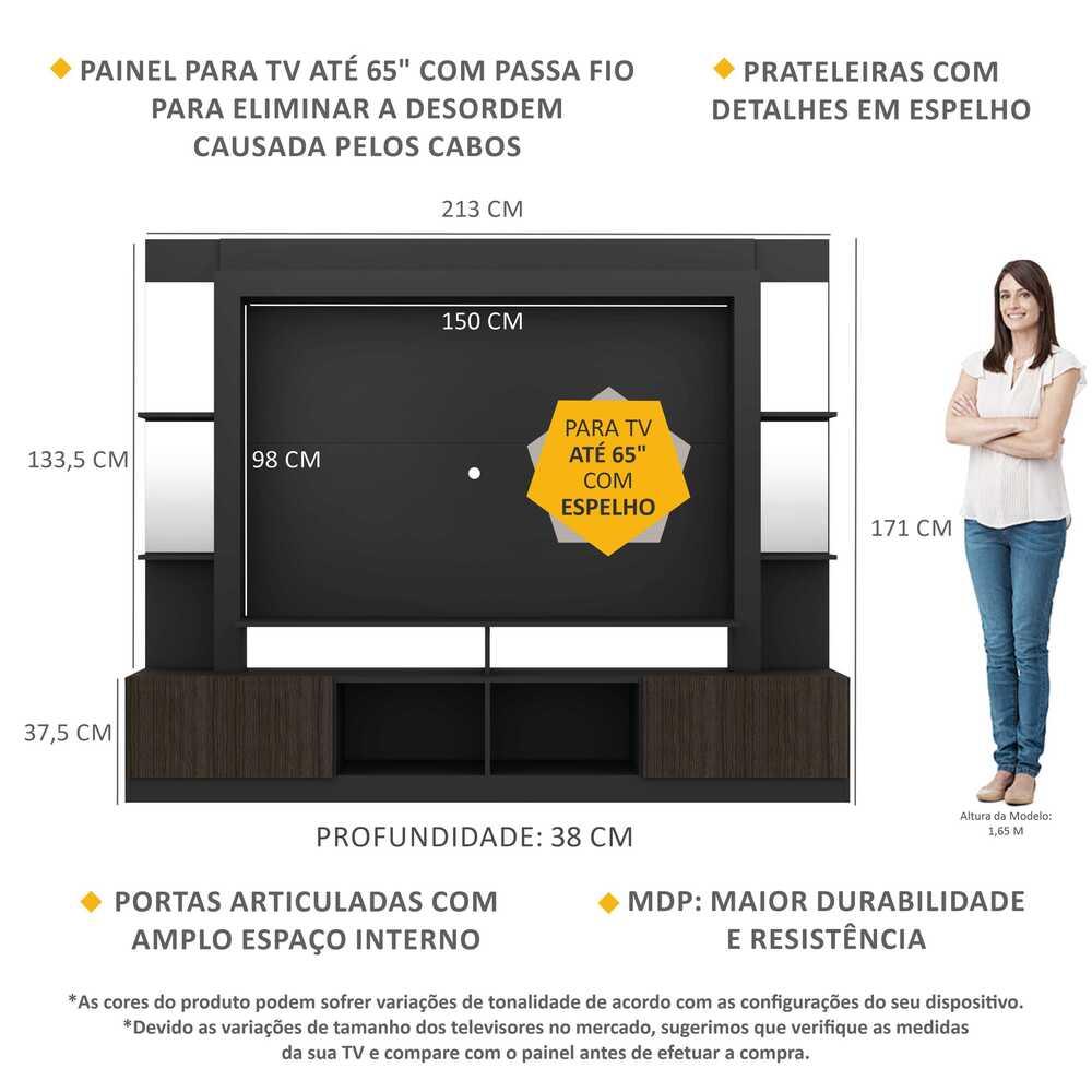 Rack c/ Painel TV 65" Prateleiras c/ Espelho Oslo Multimóveis Preto/Tenerife