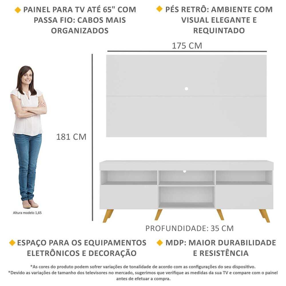 Rack c/ Painel TV 65" Retrô Holanda Multimóveis BR3133 Branco/Natural