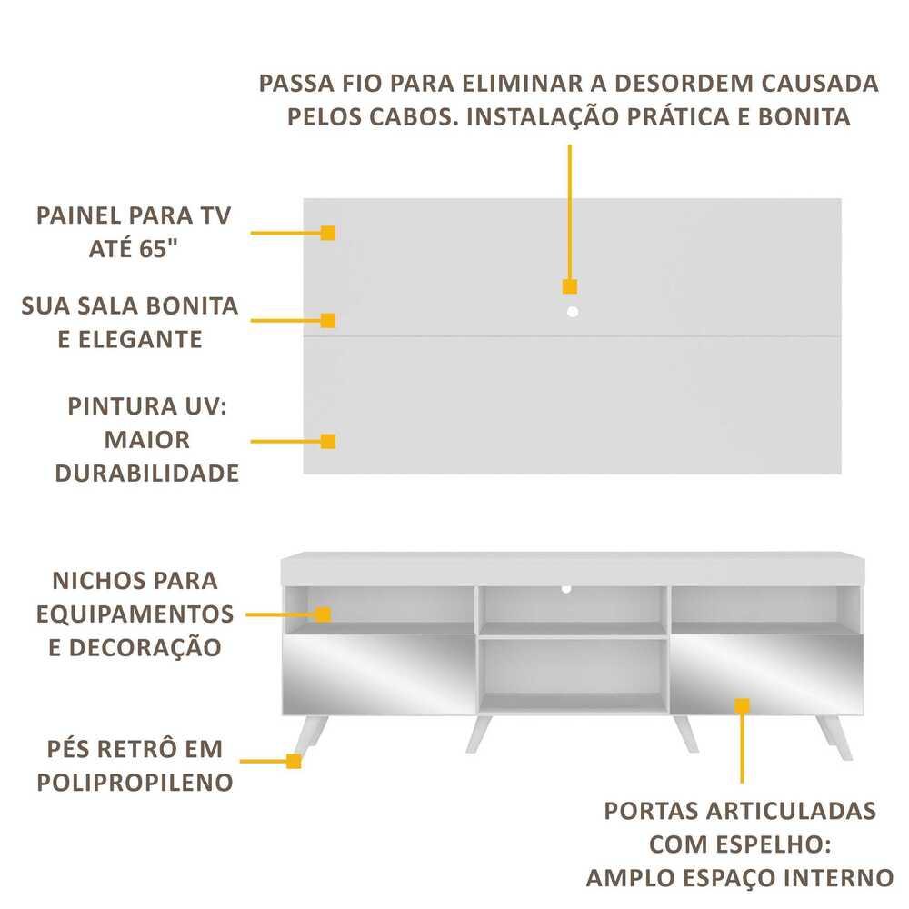 Rack c/ Painel TV 65" Retrô com Espelho Holanda Multimóveis BR3138 Branco