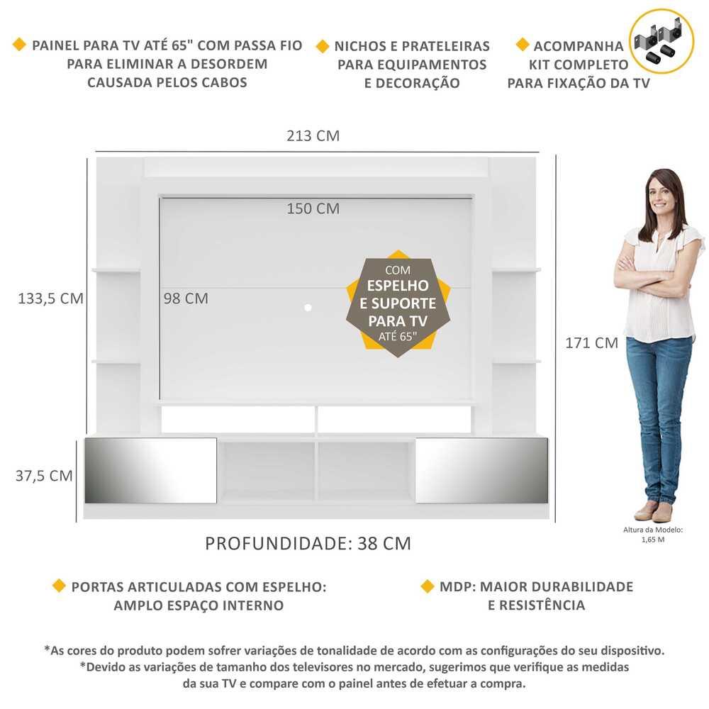 Rack c/ Painel e Suporte TV 65" Portas c/ Espelho Oslo Multimóveis Branco/Lacca Fumê