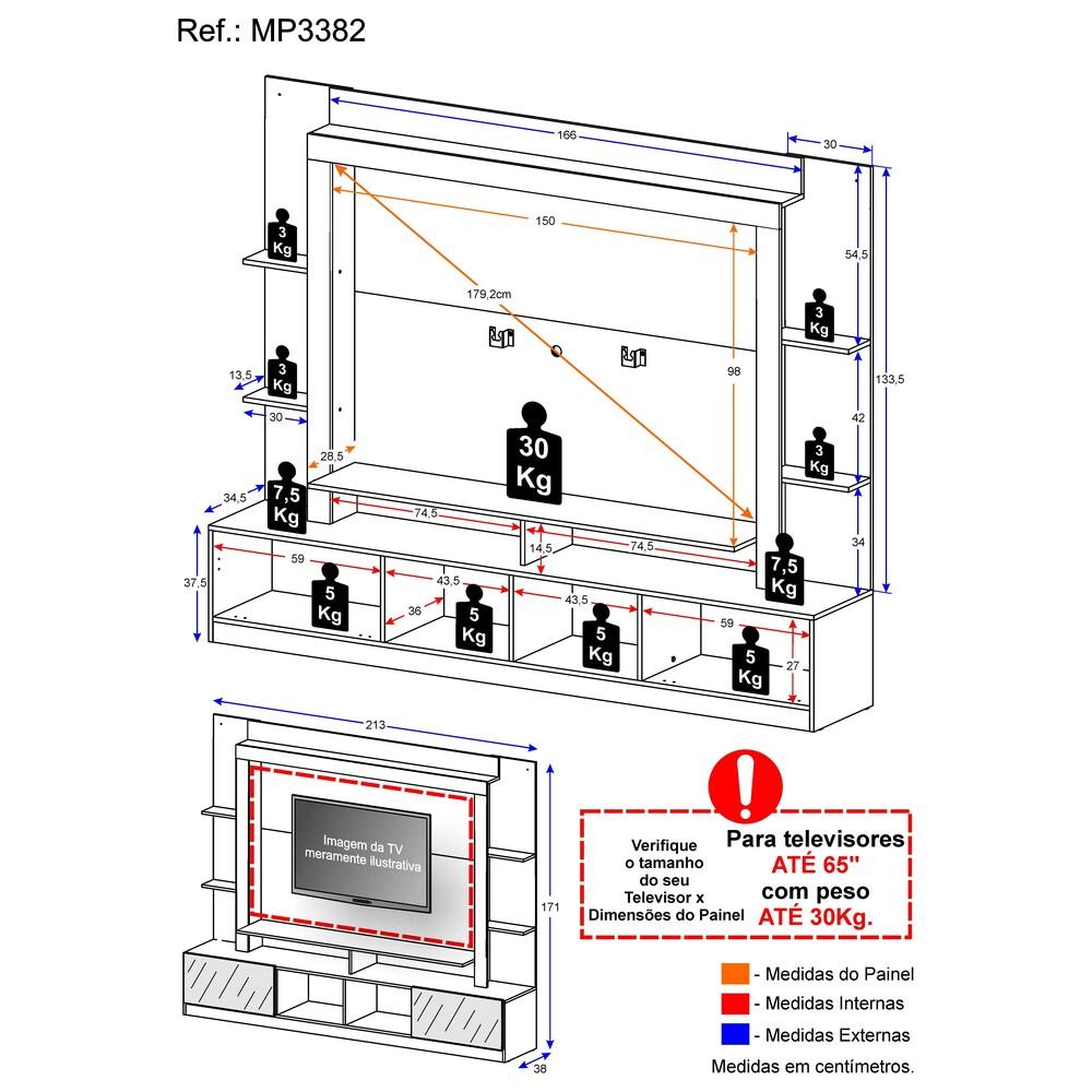 Rack c/ Painel e Suporte TV 65" Portas c/ Espelho Oslo Multimóveis Branco/Lacca Fumê