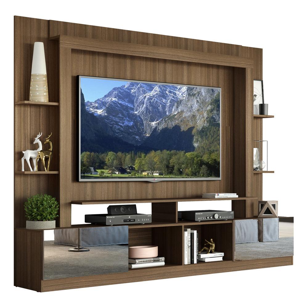 Rack c/ Painel e Suporte TV 65" Portas c/ Espelho Oslo Multimóveis Madeirado/Lacca Fumê
