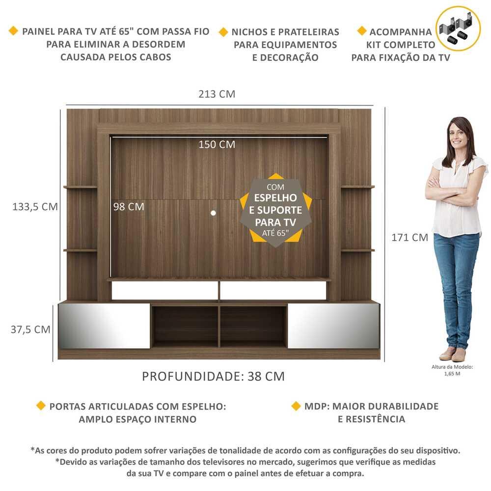 Rack c/ Painel e Suporte TV 65" Portas c/ Espelho Oslo Multimóveis Madeirado/Preto