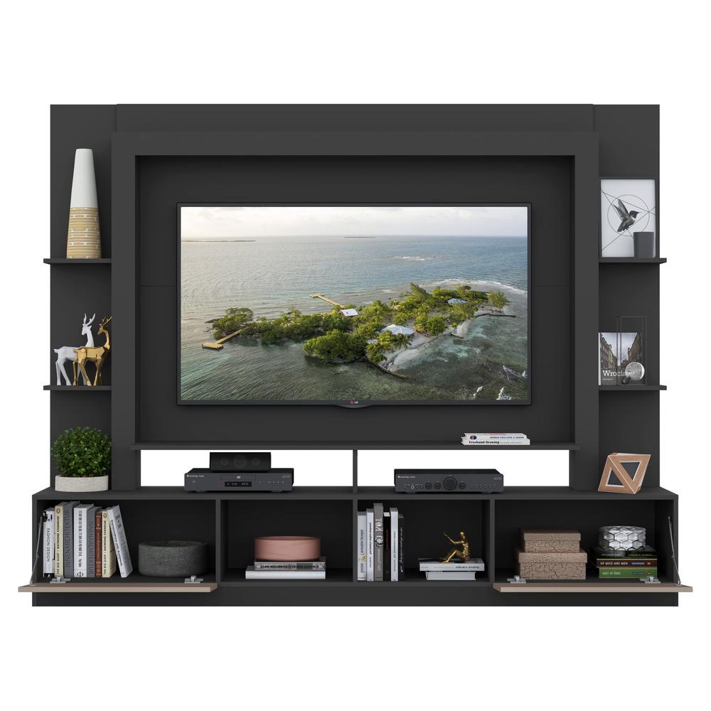 Rack c/ Painel e Suporte TV 65" Portas c/ Espelho Oslo Multimóveis Preto/Lacca Fumê