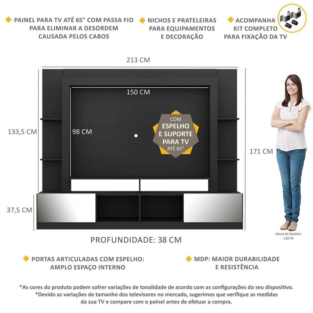 Rack c/ Painel e Suporte TV 65" Portas c/ Espelho Oslo Multimóveis Preto/Tenerife