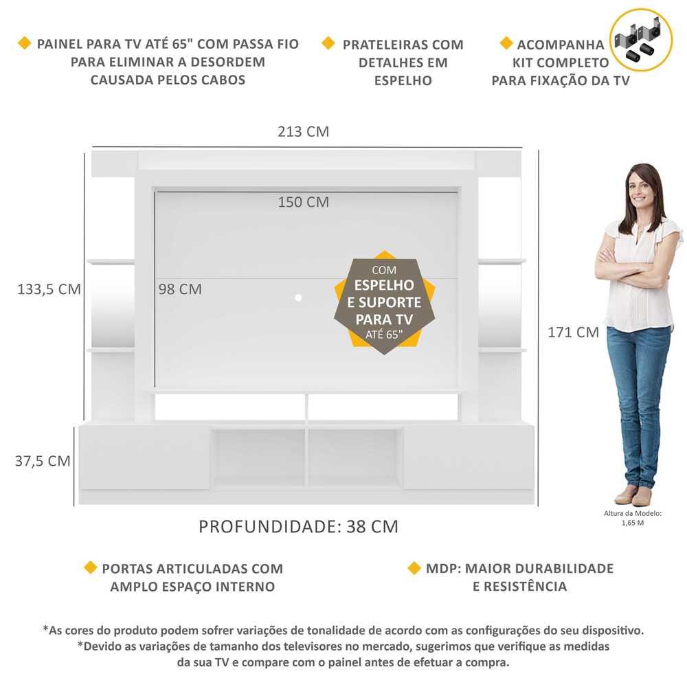 Rack c/ Painel e Suporte TV 65" Prateleiras c/ Espelho Oslo Multimóveis Branco