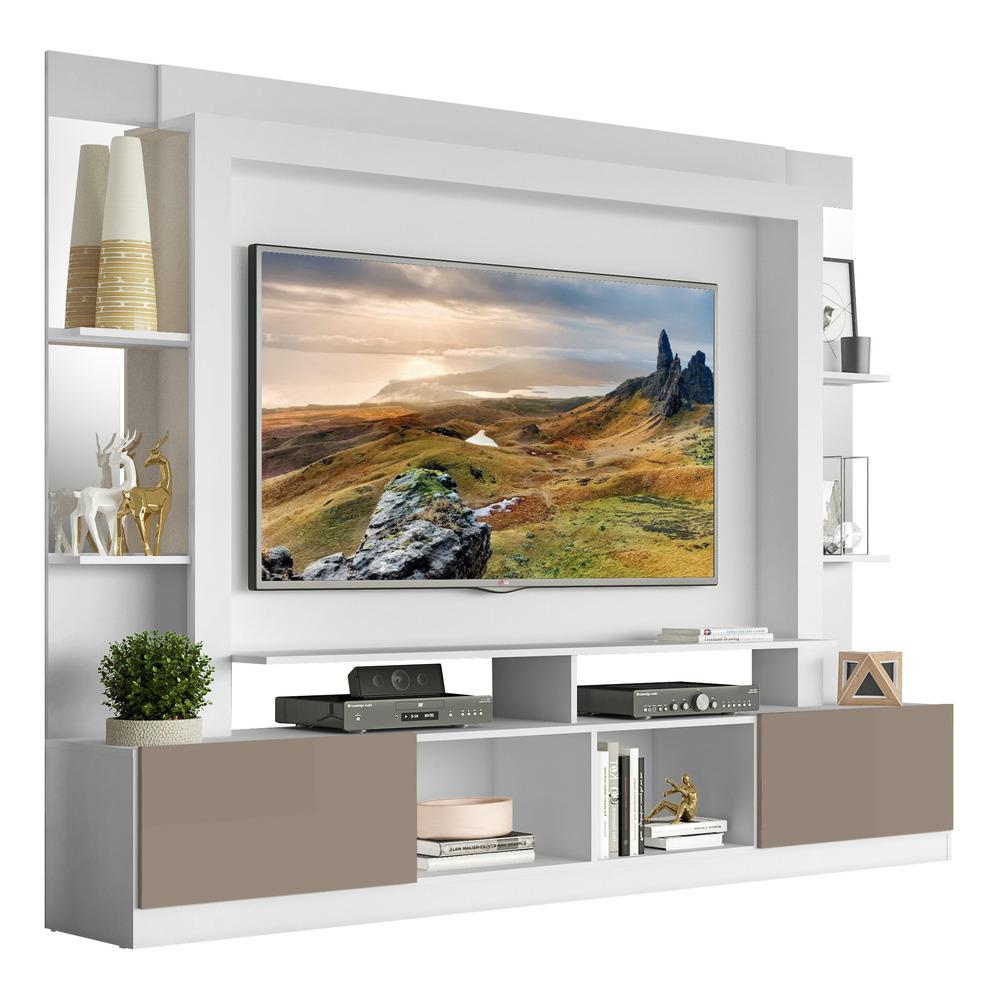 Rack c/ Painel e Suporte TV 65" Prateleiras c/ Espelho Oslo Multimóveis Branco/Lacca Fumê