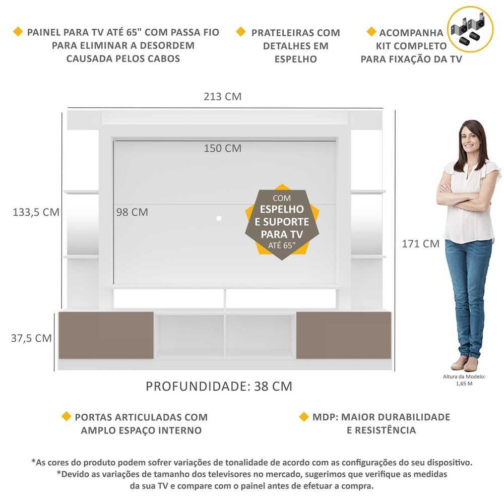 Rack c/ Painel e Suporte TV 65" Prateleiras c/ Espelho Oslo Multimóveis Branco/Lacca Fumê
