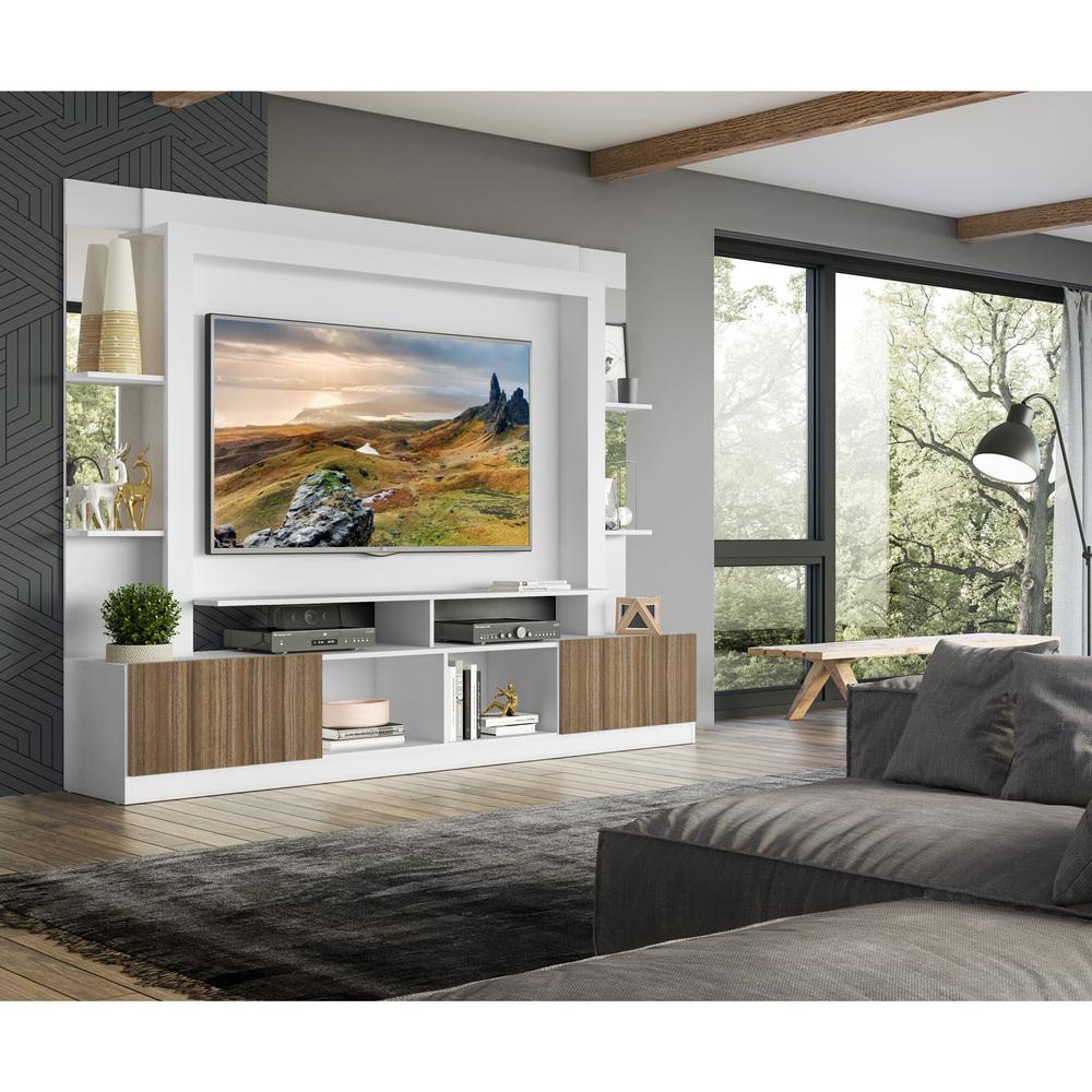 Rack c/ Painel e Suporte TV 65" Prateleiras c/ Espelho Oslo Multimóveis Branco/Madeirado