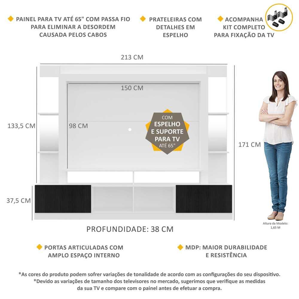 Rack c/ Painel e Suporte TV 65" Prateleiras c/ Espelho Oslo Multimóveis Branco/Preto