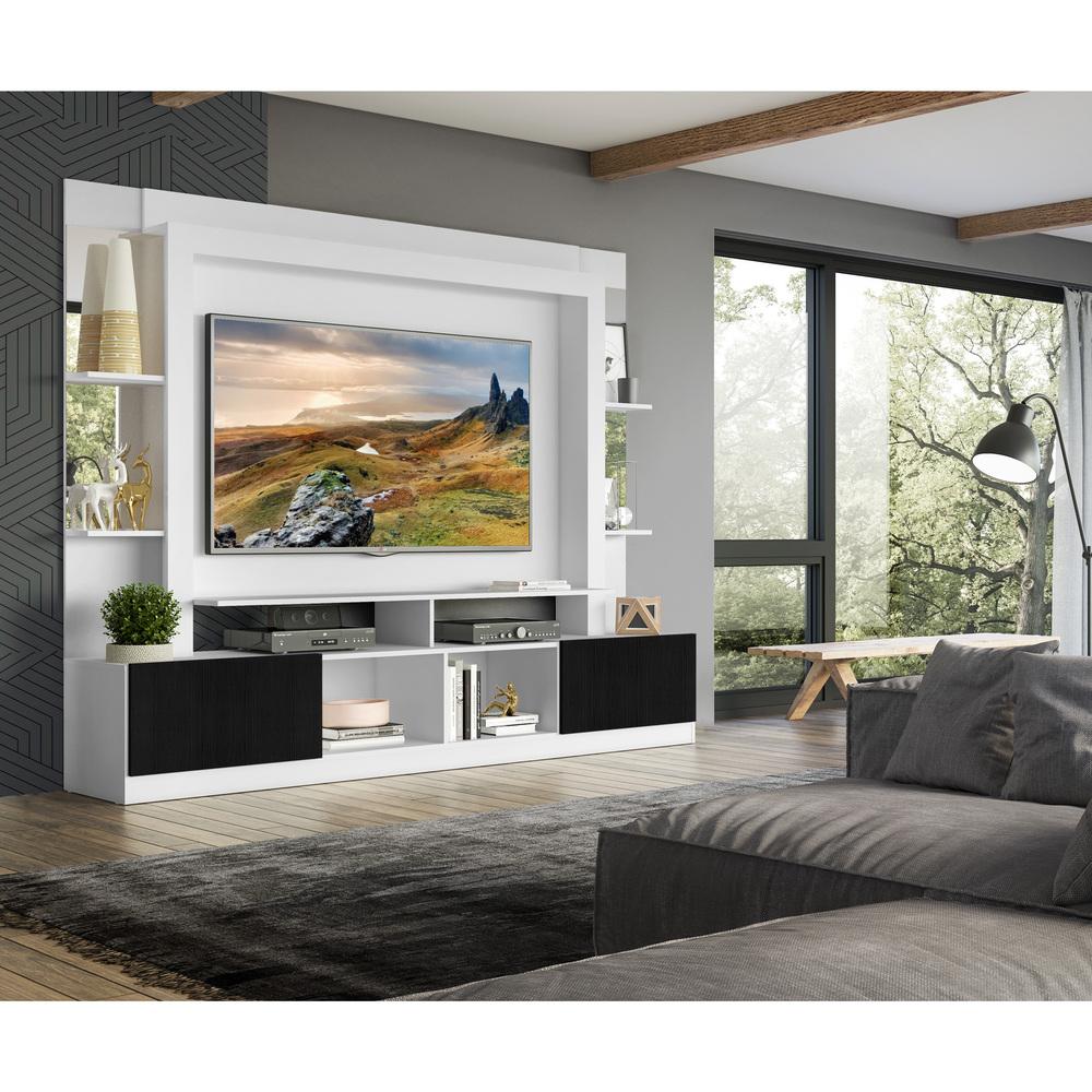 Rack c/ Painel e Suporte TV 65" Prateleiras c/ Espelho Oslo Multimóveis Branco/Preto