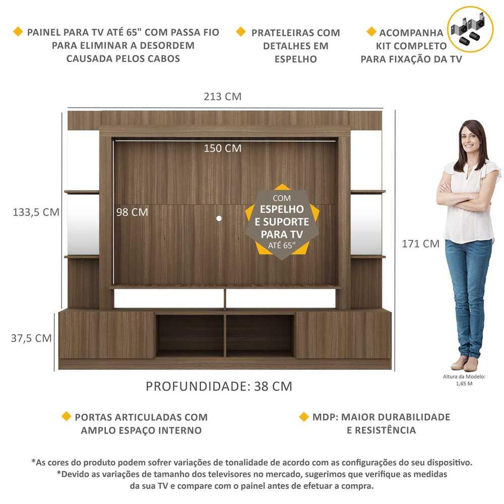 Rack c/ Painel e Suporte TV 65" Prateleiras c/ Espelho Oslo Multimóveis Madeirado
