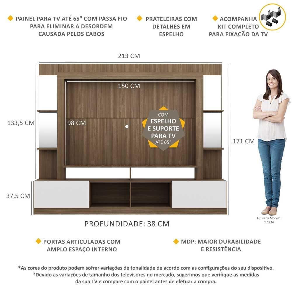 Rack c/ Painel e Suporte TV 65" Prateleiras c/ Espelho Oslo Multimóveis Madeirado/Branco