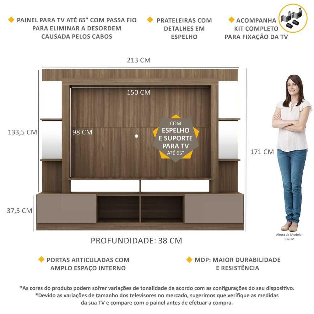Rack c/ Painel e Suporte TV 65" Prateleiras c/ Espelho Oslo Multimóveis Madeirado/Lacca Fumê