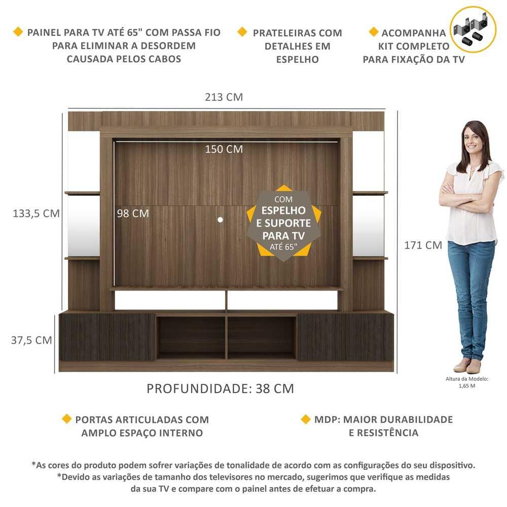 Rack c/ Painel e Suporte TV 65" Prateleiras c/ Espelho Oslo Multimóveis Madeirado/Tenerife