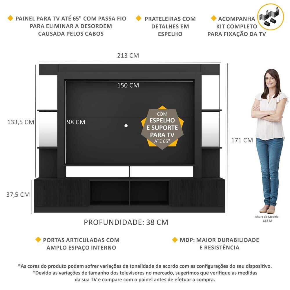 Rack c/ Painel e Suporte TV 65" Prateleiras c/ Espelho Oslo Multimóveis Preto