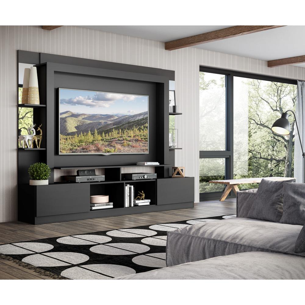 Rack c/ Painel e Suporte TV 65" Prateleiras c/ Espelho Oslo Multimóveis Preto