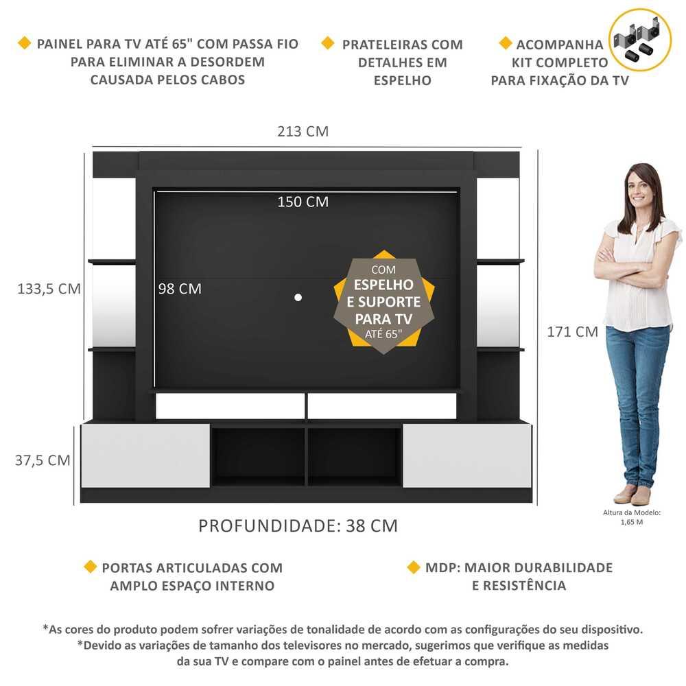 Rack c/ Painel e Suporte TV 65" Prateleiras c/ Espelho Oslo Multimóveis Preto/Branco