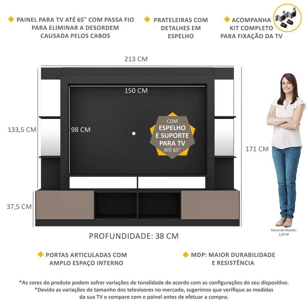 Rack c/ Painel e Suporte TV 65" Prateleiras c/ Espelho Oslo Multimóveis Preto/Lacca Fumê