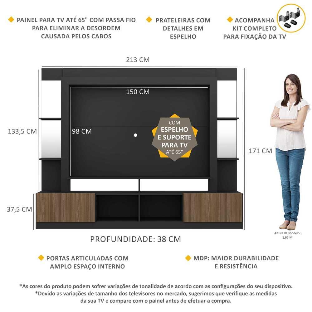 Rack c/ Painel e Suporte TV 65" Prateleiras c/ Espelho Oslo Multimóveis Preto/Madeirado