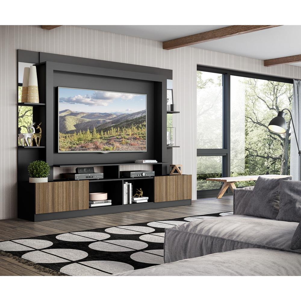 Rack c/ Painel e Suporte TV 65" Prateleiras c/ Espelho Oslo Multimóveis Preto/Madeirado
