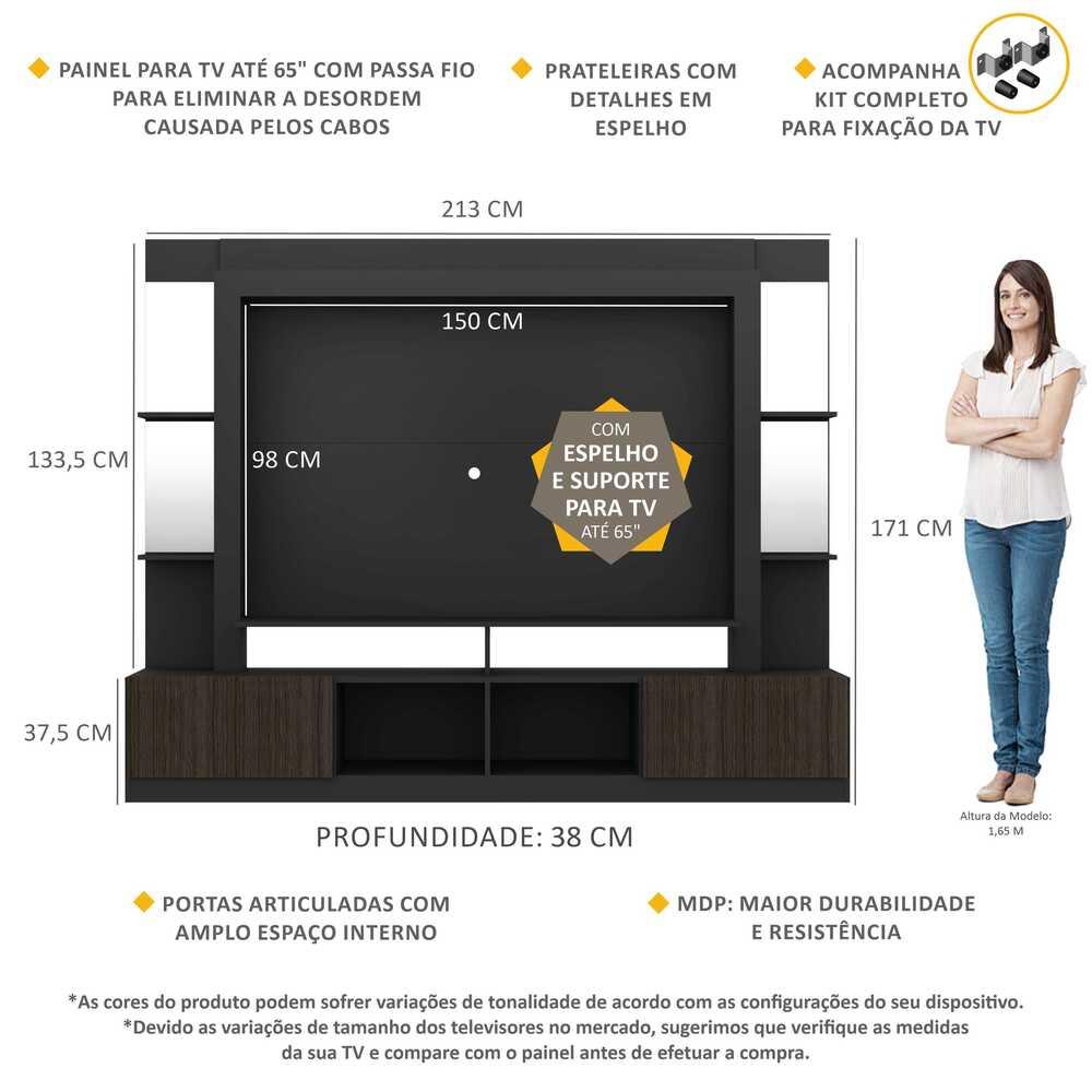 Rack c/ Painel e Suporte TV 65" Prateleiras c/ Espelho Oslo Multimóveis Preto/Tenerife