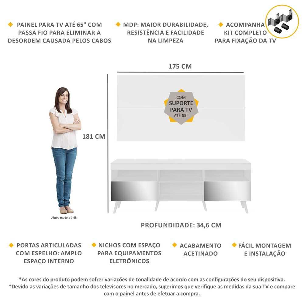 Rack c/ Painel e Suporte TV 65" c/ Espelho e Pés Retrô Flórida Multimóveis Branco