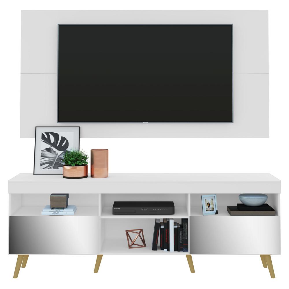 Rack c/ Painel e Suporte TV 65" c/ Espelho e Pés Retrô Flórida Multimóveis Branco/Natural