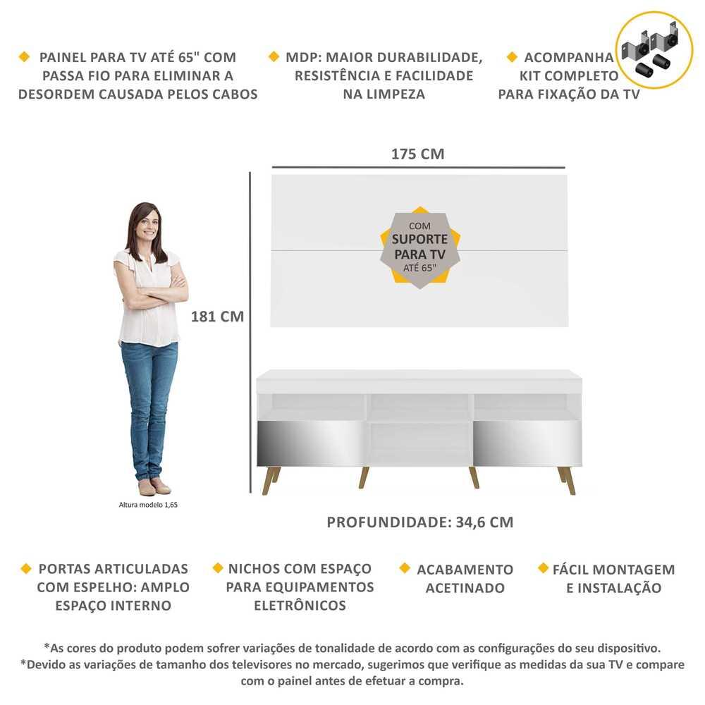 Rack c/ Painel e Suporte TV 65" c/ Espelho e Pés Retrô Flórida Multimóveis Branco/Natural