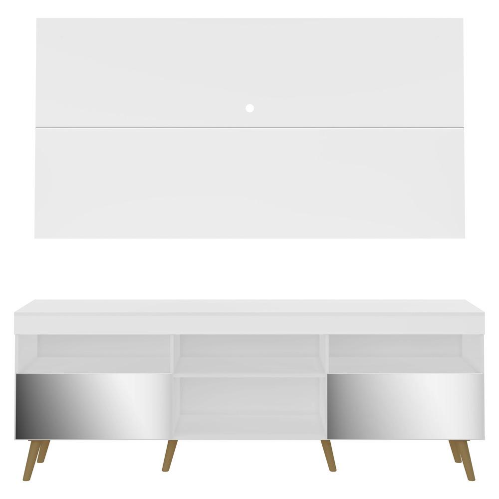 Rack c/ Painel e Suporte TV 65" c/ Espelho e Pés Retrô Flórida Multimóveis Branco/Natural