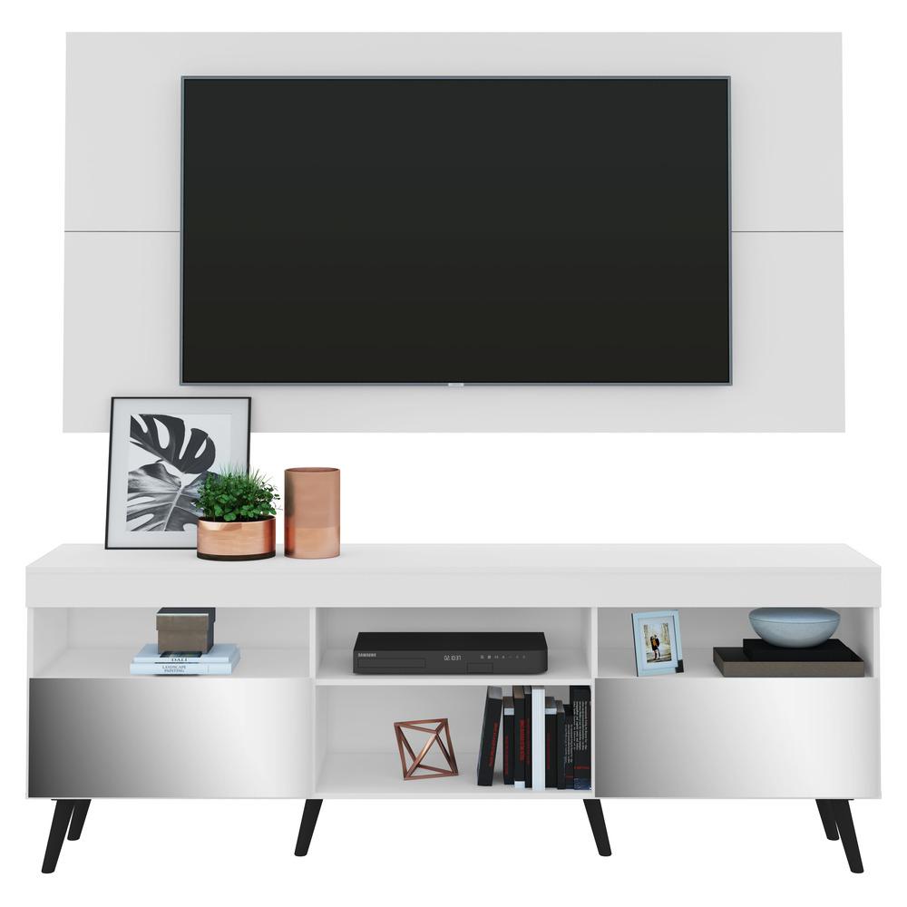Rack c/ Painel e Suporte TV 65" c/ Espelho e Pés Retrô Flórida Multimóveis Branco/Preto