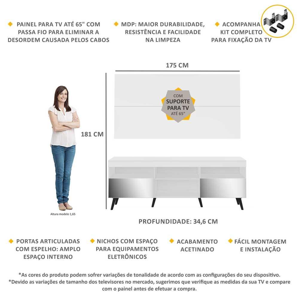 Rack c/ Painel e Suporte TV 65" c/ Espelho e Pés Retrô Flórida Multimóveis Branco/Preto