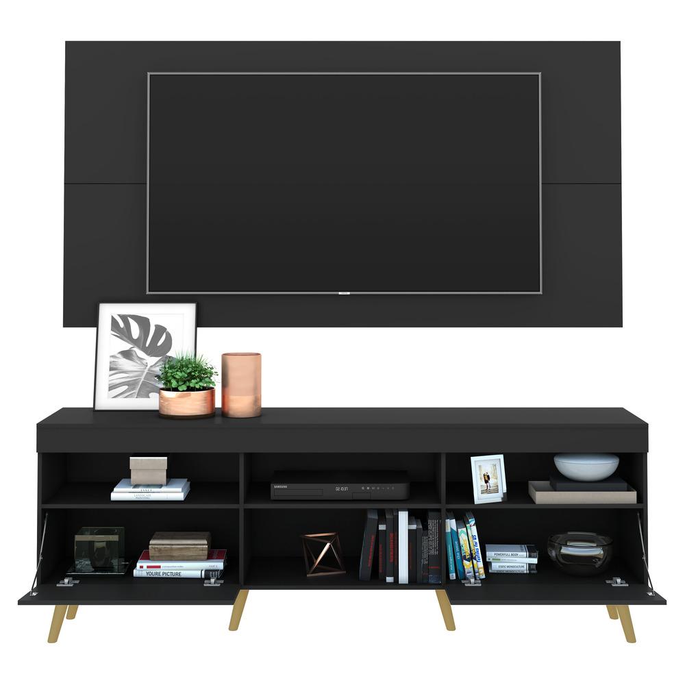 Rack c/ Painel e Suporte TV 65" c/ Espelho e Pés Retrô Flórida Multimóveis Preto/Natural