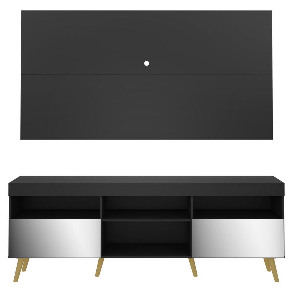 Rack c/ Painel e Suporte TV 65" c/ Espelho e Pés Retrô Flórida Multimóveis Preto/Natural