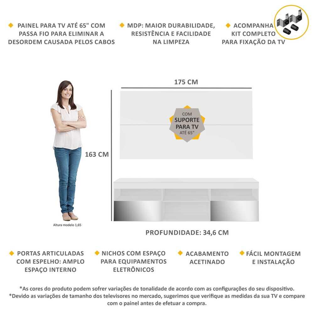 Rack c/ Painel e Suporte TV 65" e Espelho Flórida Multimóveis Branco