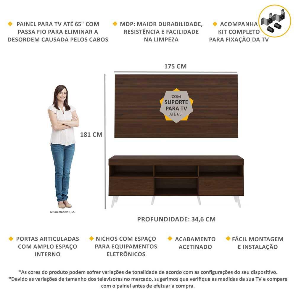 Rack c/ Painel e Suporte TV 65" e Pés Retrô Flórida Multimóveis Duna/Branco