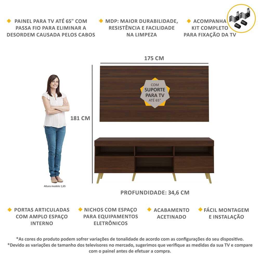 Rack c/ Painel e Suporte TV 65" e Pés Retrô Flórida Multimóveis Duna/Natural