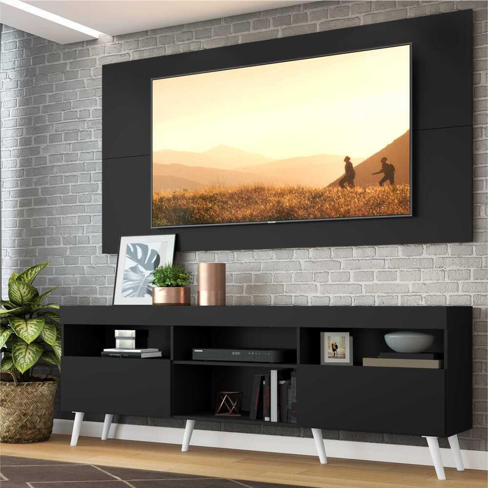 Rack c/ Painel e Suporte TV 65" e Pés Retrô Flórida Multimóveis Preto/Branco