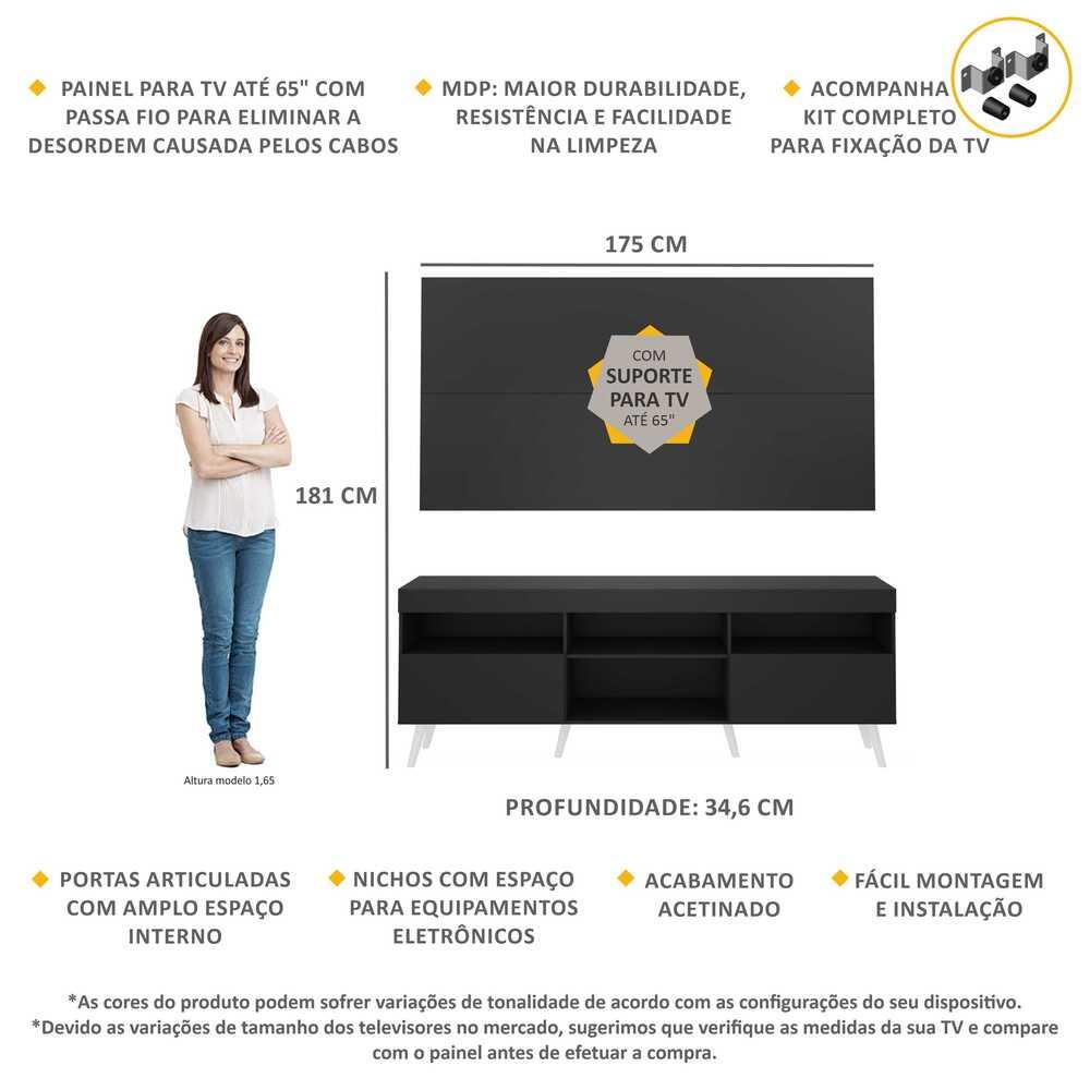 Rack c/ Painel e Suporte TV 65" e Pés Retrô Flórida Multimóveis Preto/Branco