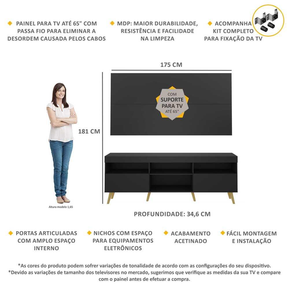 Rack c/ Painel e Suporte TV 65" e Pés Retrô Flórida Multimóveis Preto/Natural