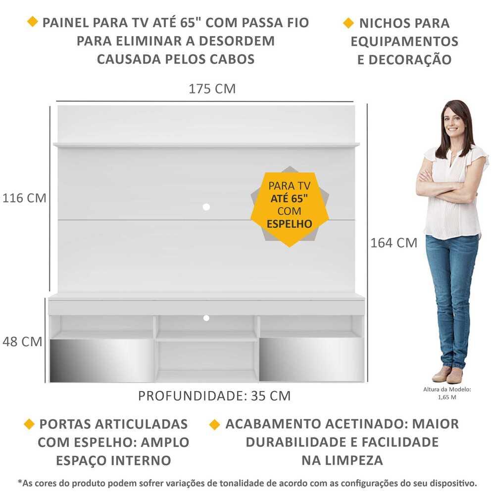 Rack com Espelho e Painel TV 65" com Prateleira Madri Multimóveis Branco