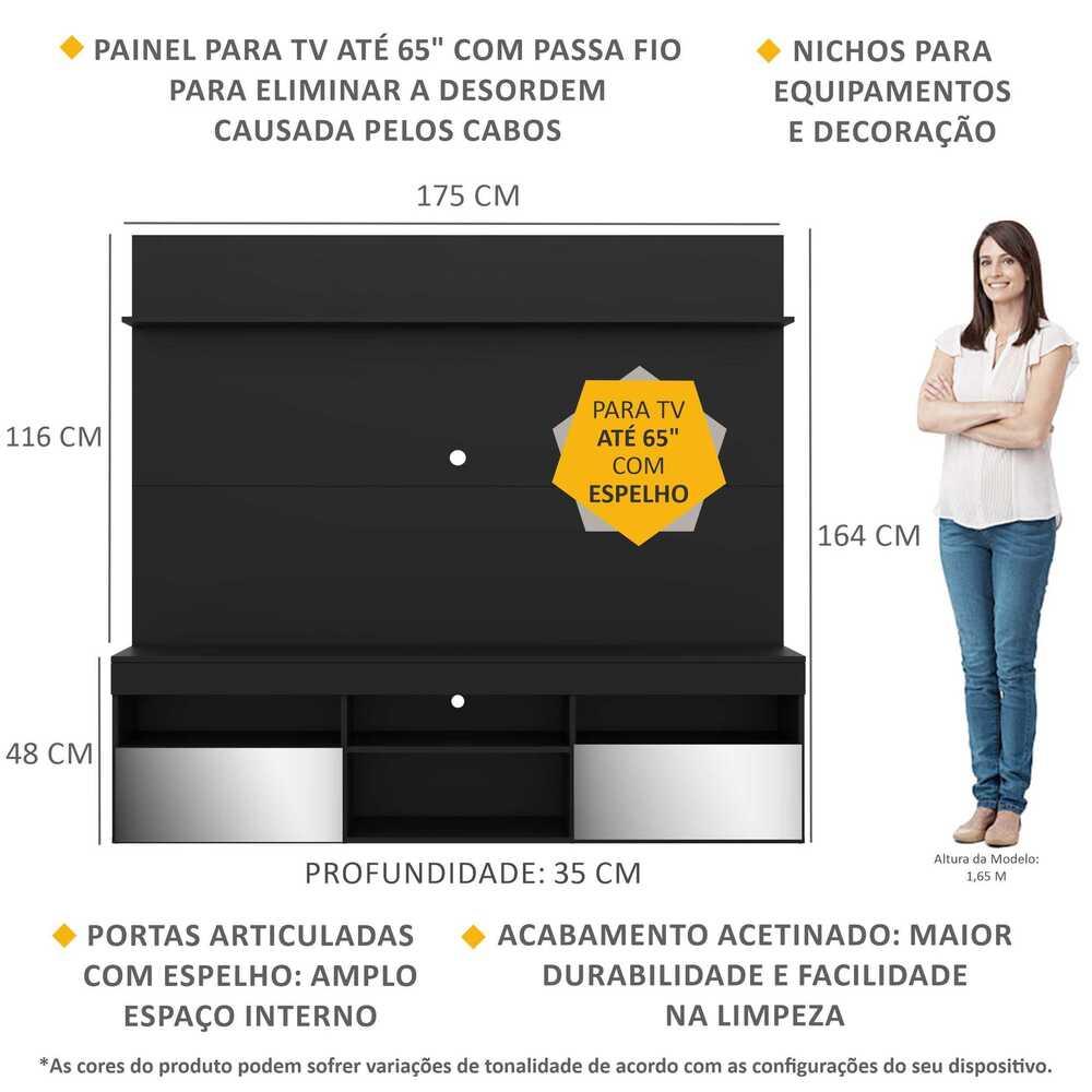 Rack com Espelho e Painel TV 65" com Prateleira Madri Multimóveis Preto