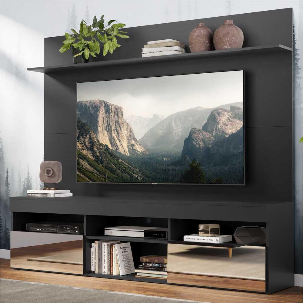 Rack com Espelho e Painel TV 65" com Suporte  e Prateleira Madri Multimóveis Preto